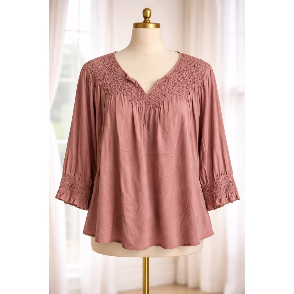J.Jill Popover Blouse Size XS Dusty Rose‎ Smocked Split Neck 3/4 Sleeve Boho